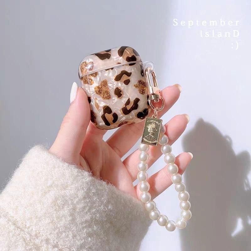 Leopard Girl AirPods Case with Pearl Keychain Loop