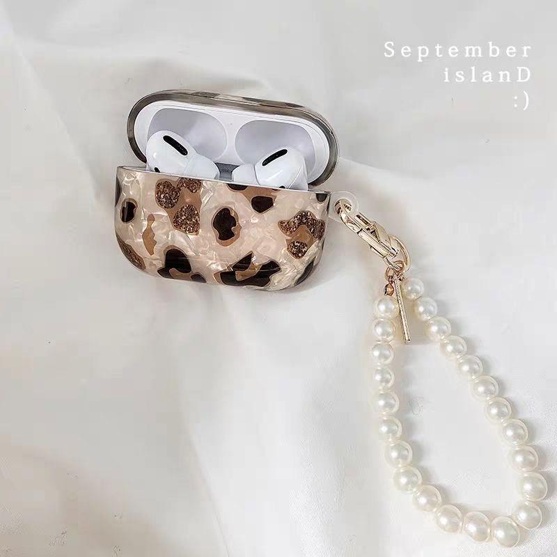 Leopard Girl AirPods Case with Pearl Keychain Loop