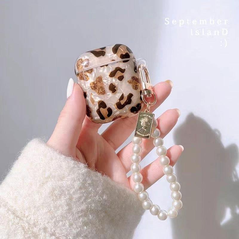 Leopard Girl AirPods Case with Pearl Keychain Loop