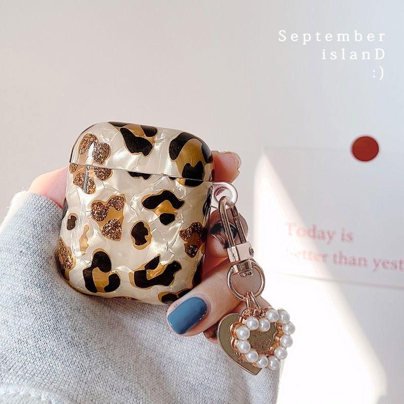 Leopard Girl AirPods Case with Pearl Keychain Loop