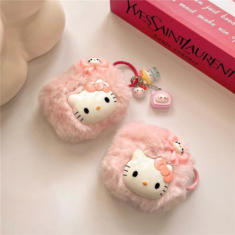 Plush Cute Cartoon Kitty AirPods Case Cover with Keychain Loop
